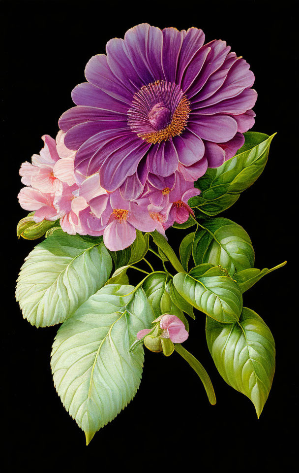 Detailed botanical illustration of large purple flower, pink blossoms, and green leaves on black background