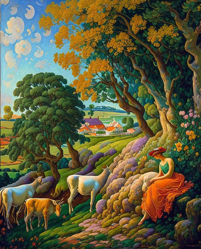 Vibrant rural landscape with woman and grazing cows