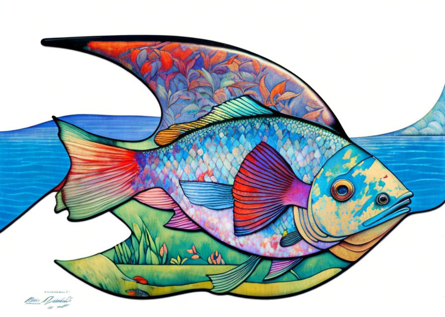 Vibrant fish illustration with intricate patterns and smaller fish on white background