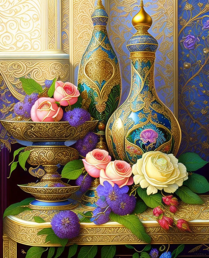 Intricate Blue and Golden Vessels with Roses on Patterned Background