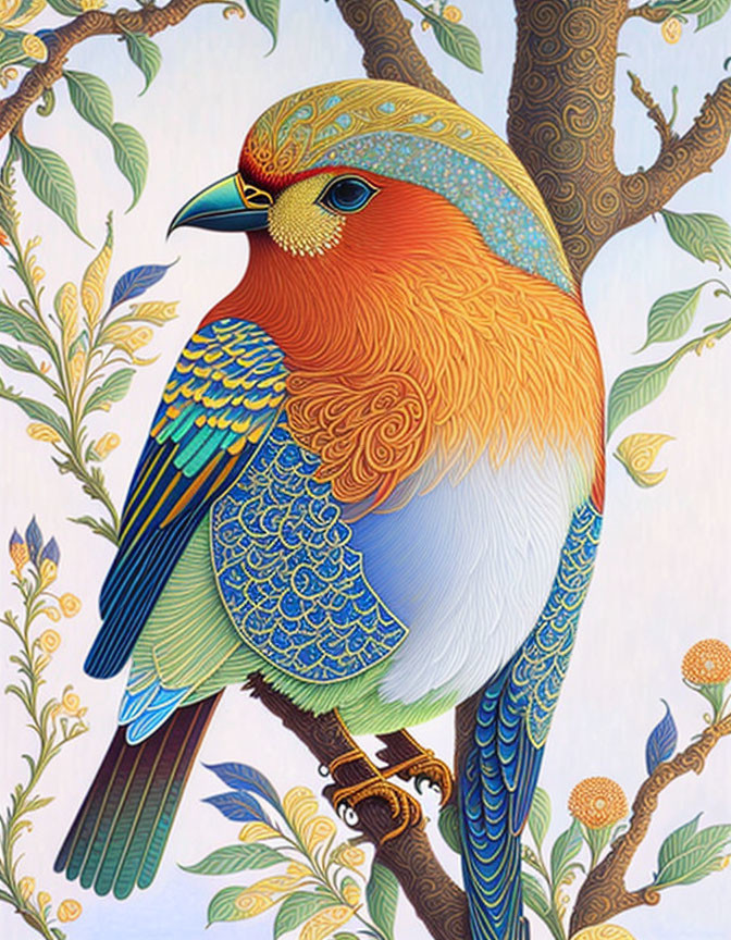 Colorful Stylized Bird Perched on Branch with Leaves and Berries