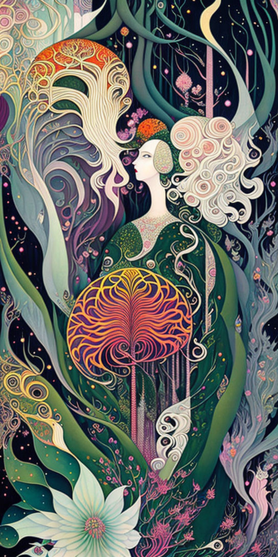 Colorful Artwork: Stylized Woman with Whimsical Flora and Organic Patterns