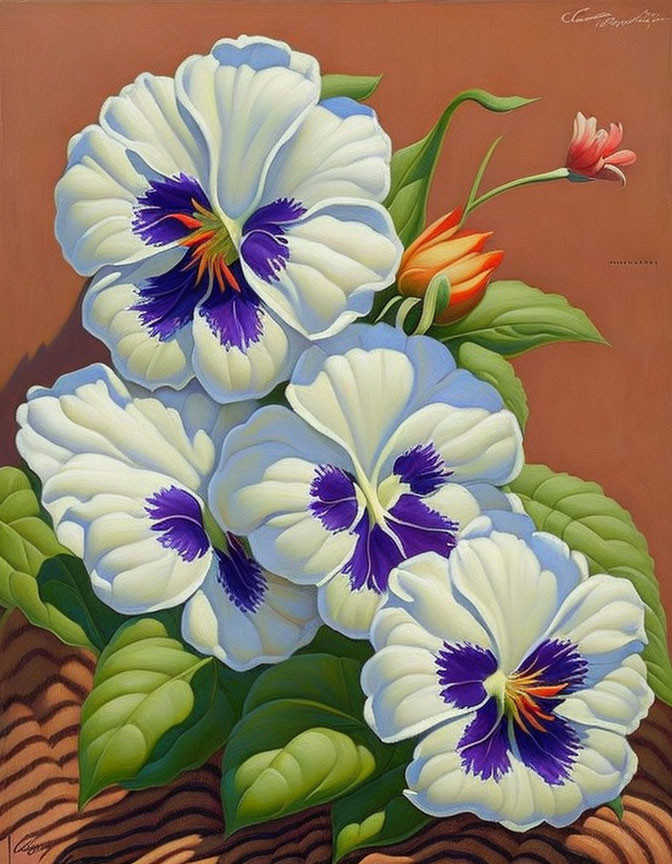 Colorful painting of white pansies with purple centers on beige background