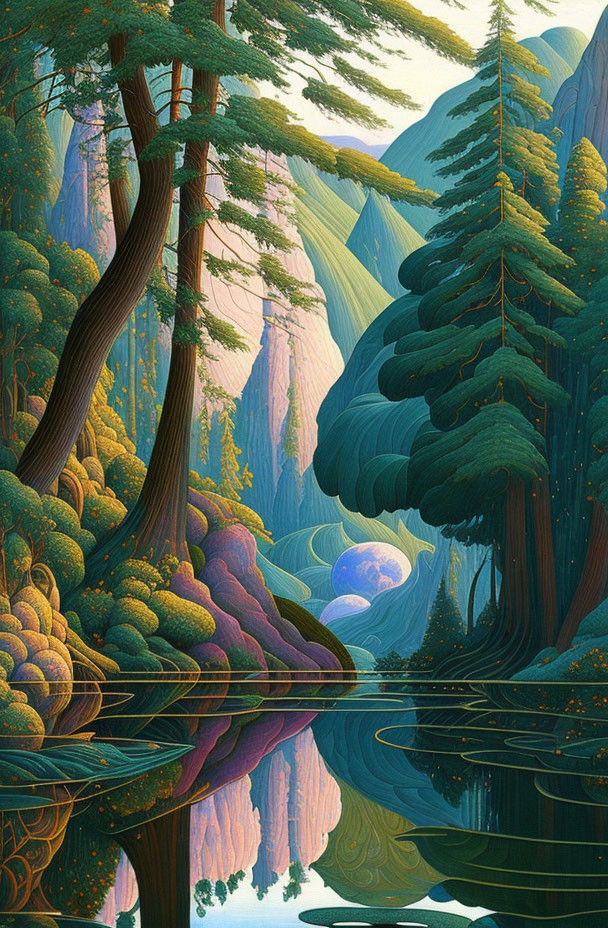 Colorful Stylized Forest with River and Mountains