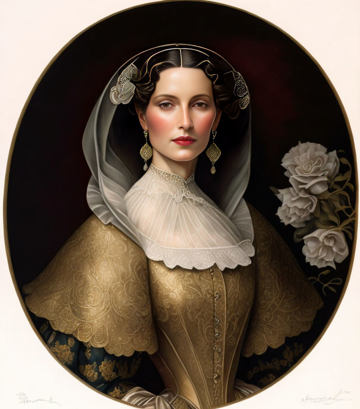 Vintage Portrait of Woman in Gold Dress with White Head Veil