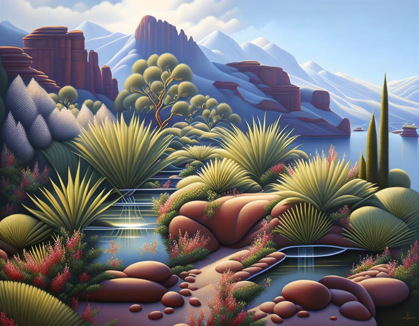 Surreal landscape with stylized flora, boulders, waterways, and mountains