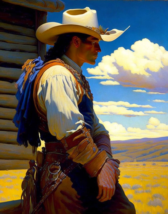 Cowboy painting with white hat and blue scarf against blue sky and yellow field