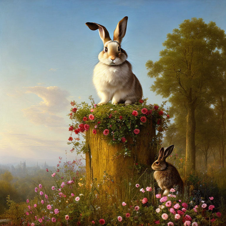 Two rabbits on stump with flowers in serene landscape