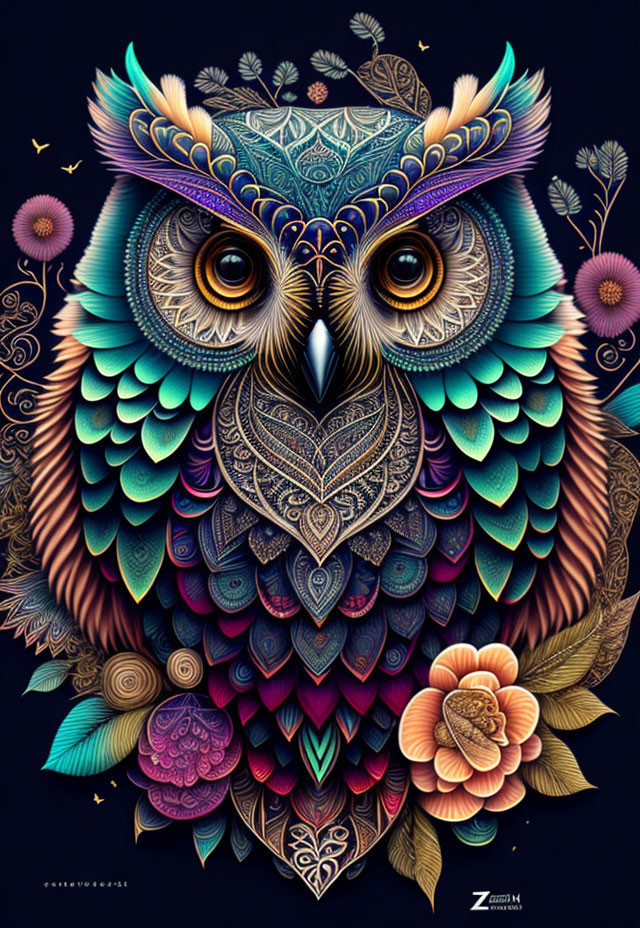 Vibrant ornate owl art with intricate patterns in blues, purples, and pinks