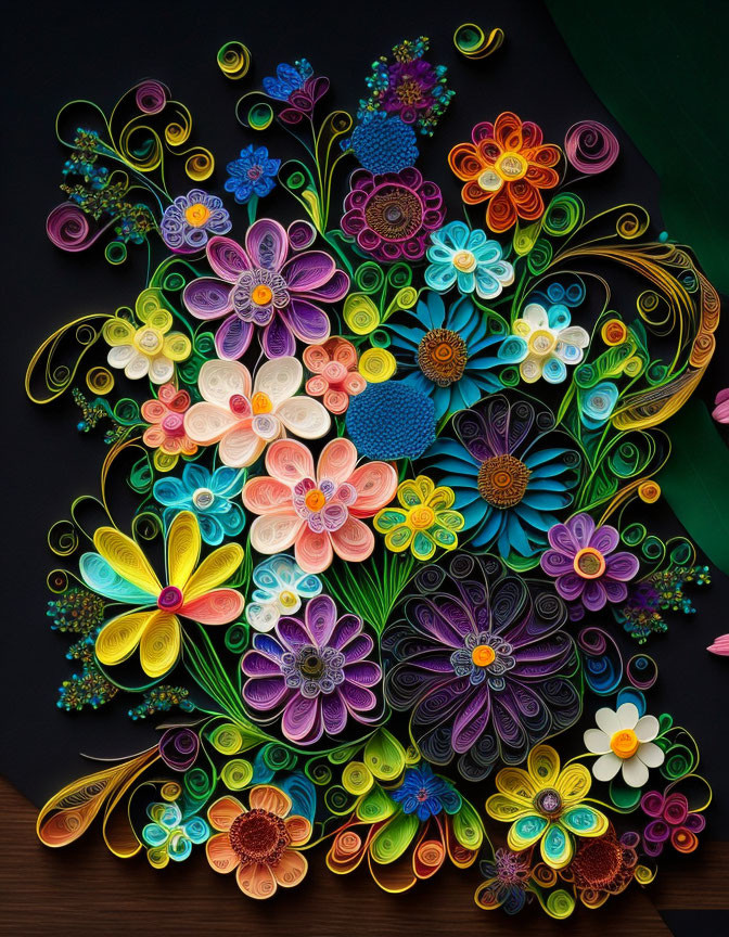 Colorful Paper Flowers and Swirls on Dark Background in Quilling Art