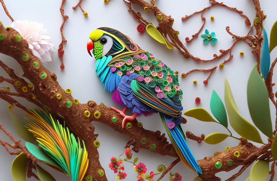 Colorful Paper Art: Bird on Branch with Floral and Leaf Designs