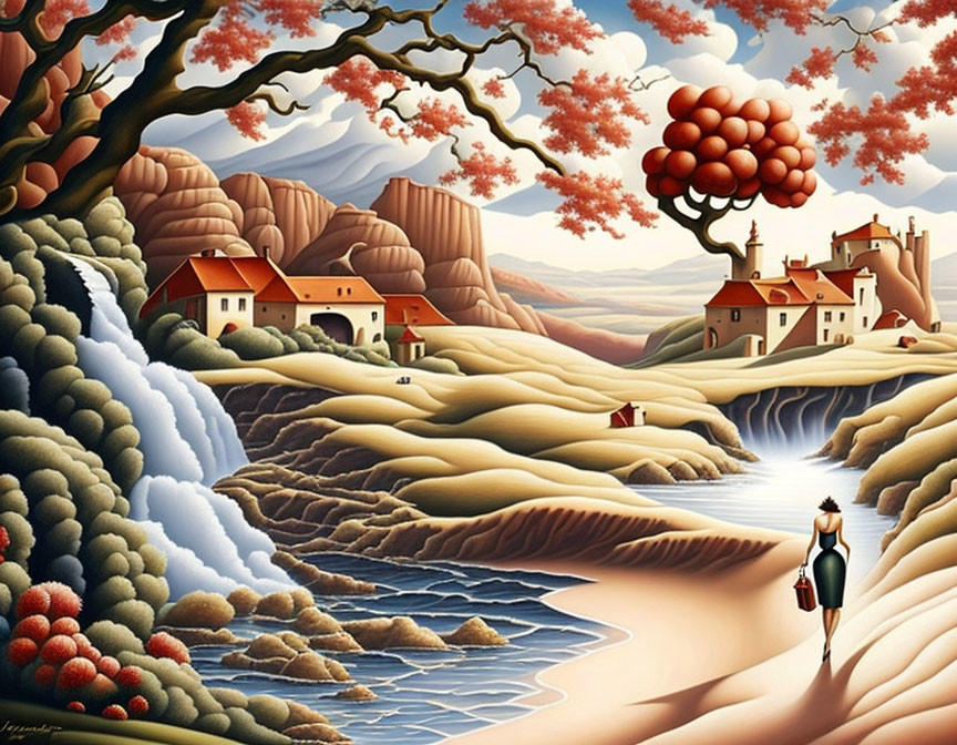 Surreal landscape with woman, waterfalls, stylized trees, and whimsical houses