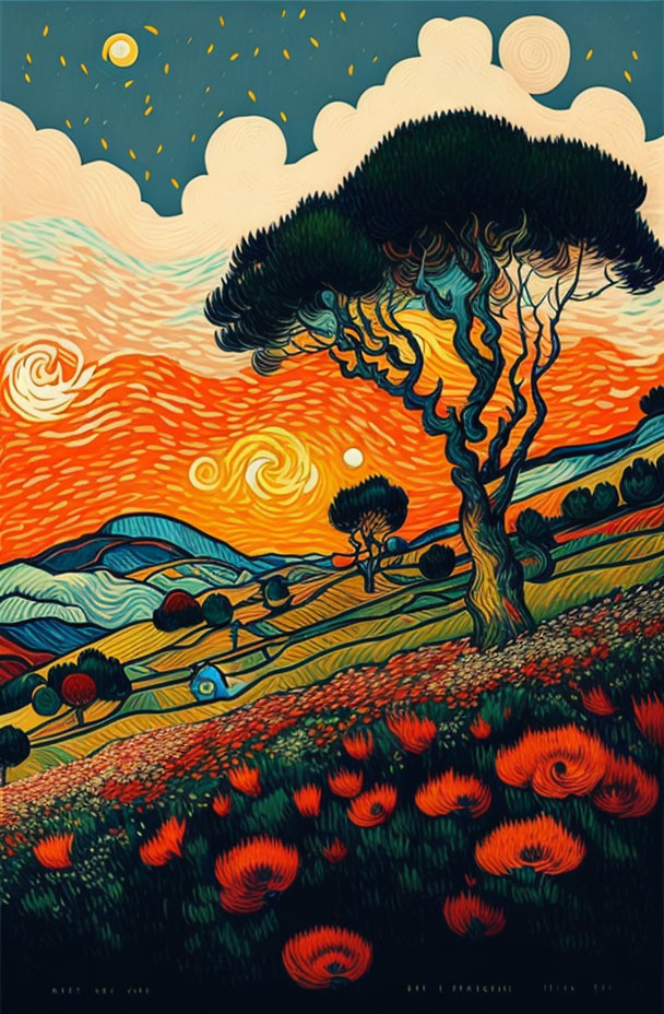 Colorful Stylized Landscape with Swirling Sky and Windswept Tree