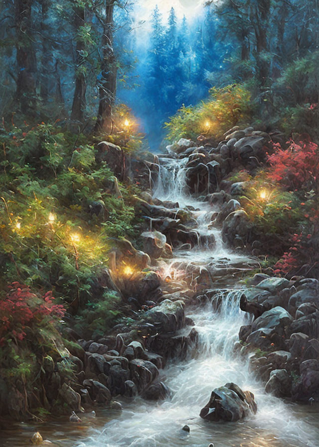 Tranquil waterfall in enchanted forest with mystical lights