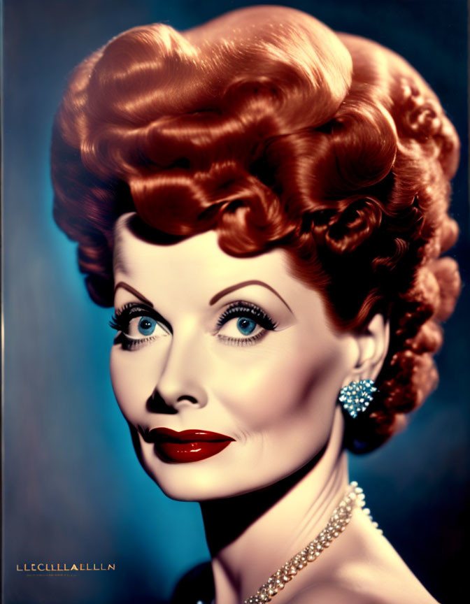 Vintage Portrait of Woman with Red Hair, Blue Eyes, and Diamond Jewelry