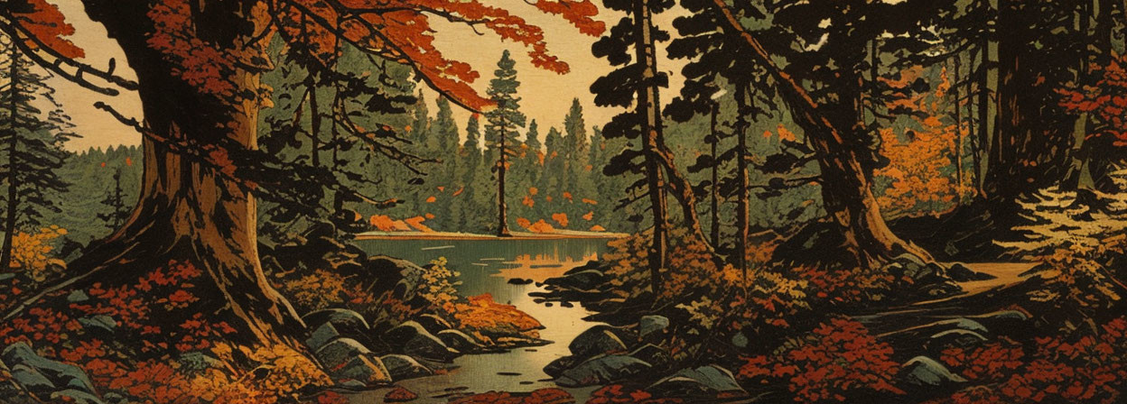 Tranquil forest scene with autumn leaves, serene lake, deer by water