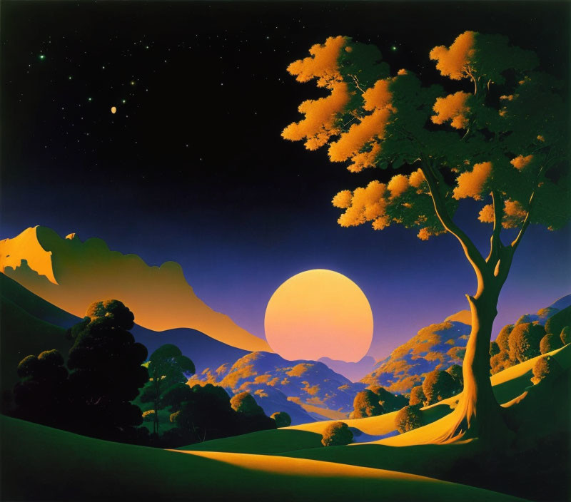 Landscape painting: yellow moonrise, green hills, tree silhouette