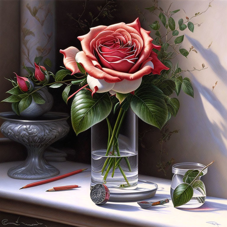 Hyper-realistic painting of blooming rose in glass vase with art supplies and coin on table