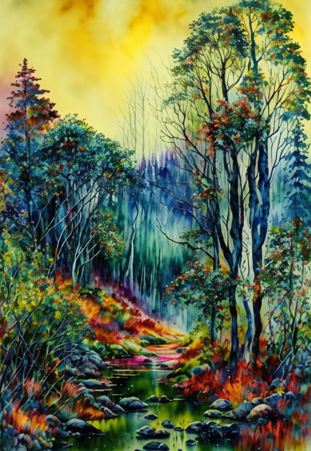 Colorful Watercolor Painting of Autumn Woodland Scene