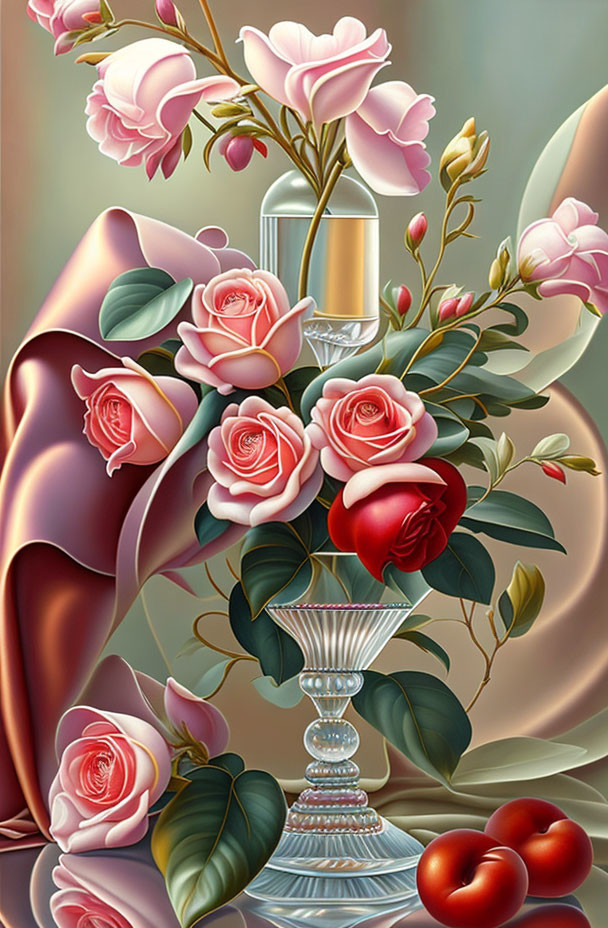 Pink and Red Roses Still Life Painting with Draped Cloth and Red Apples