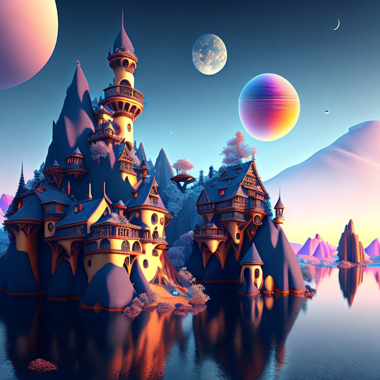 Majestic castle with spires in mountain twilight with moon and planet