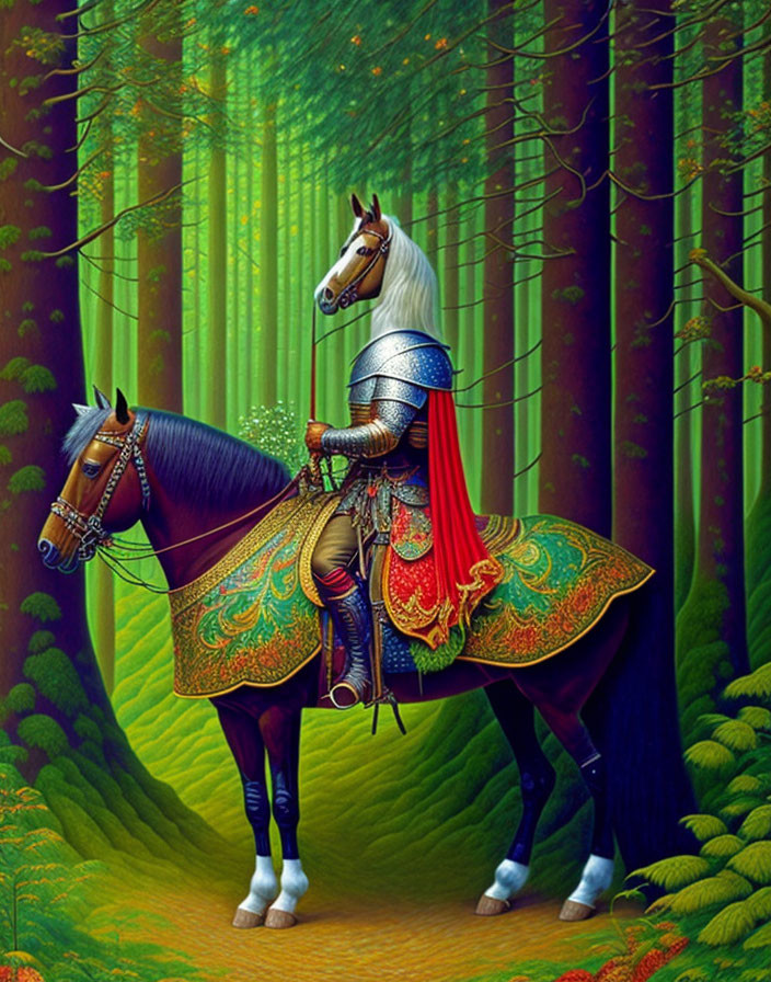 Knight in ornate armor on horse in lush green forest with second horse