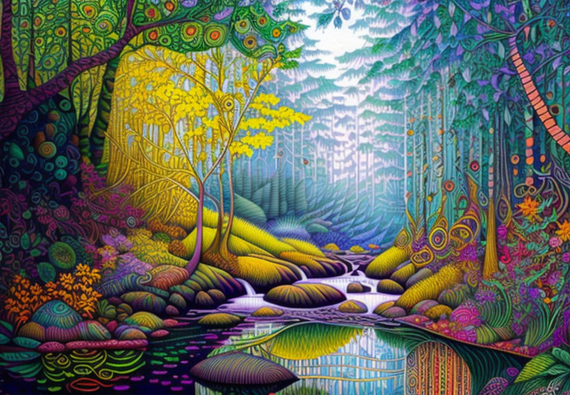 Colorful Forest with Stream and Stylized Trees