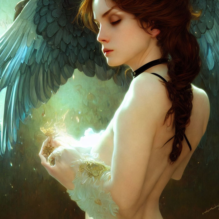 Dark Angel Winged Woman Holding Glowing Object