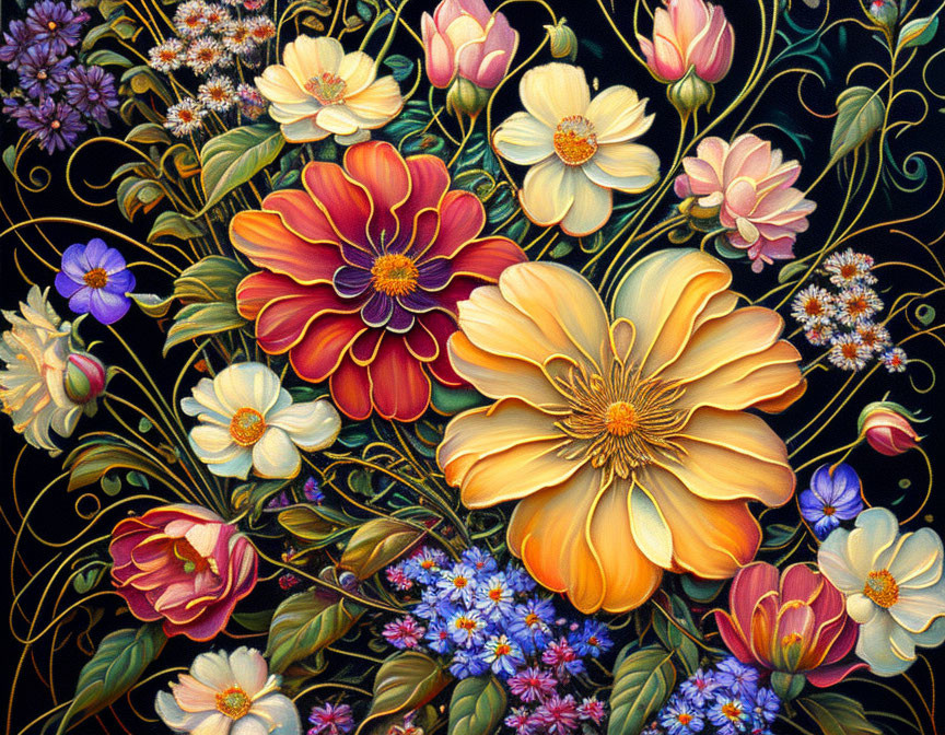 Colorful Flowers Painting with Intricate Leaf Patterns on Dark Background