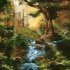 Tranquil landscape painting of stream, forest, and mountains