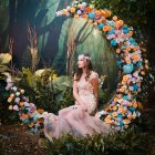 Woman in Pink Gown Surrounded by Vibrant Floral Archway