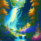 Colorful animated waterfall scene with lush greenery and vibrant flora in a fantastical forest