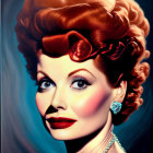 Vintage Portrait of Woman with Red Hair, Blue Eyes, and Diamond Jewelry