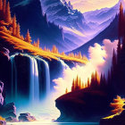 Colorful landscape with waterfall, lake, autumn trees, mountains, and dusk sky