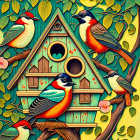 Colorful Birds Perched on Branches with Birdhouse in Vibrant Illustration