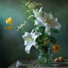 White Flower Bouquet Still Life Painting with Glass Vase and Fruit