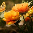 Colorful digital artwork featuring orange-yellow flowers and purple butterflies in a nature setting