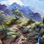 Surreal landscape with stylized flora, boulders, waterways, and mountains