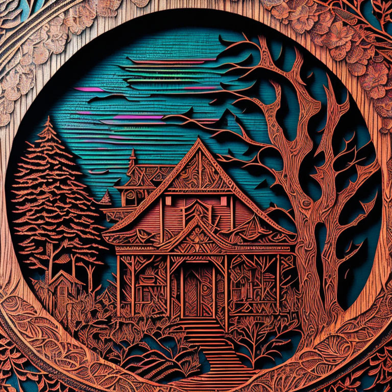 Circular Wood Carving of Cabin, Trees, Mountains, and Sky in Natural and Stained Wood