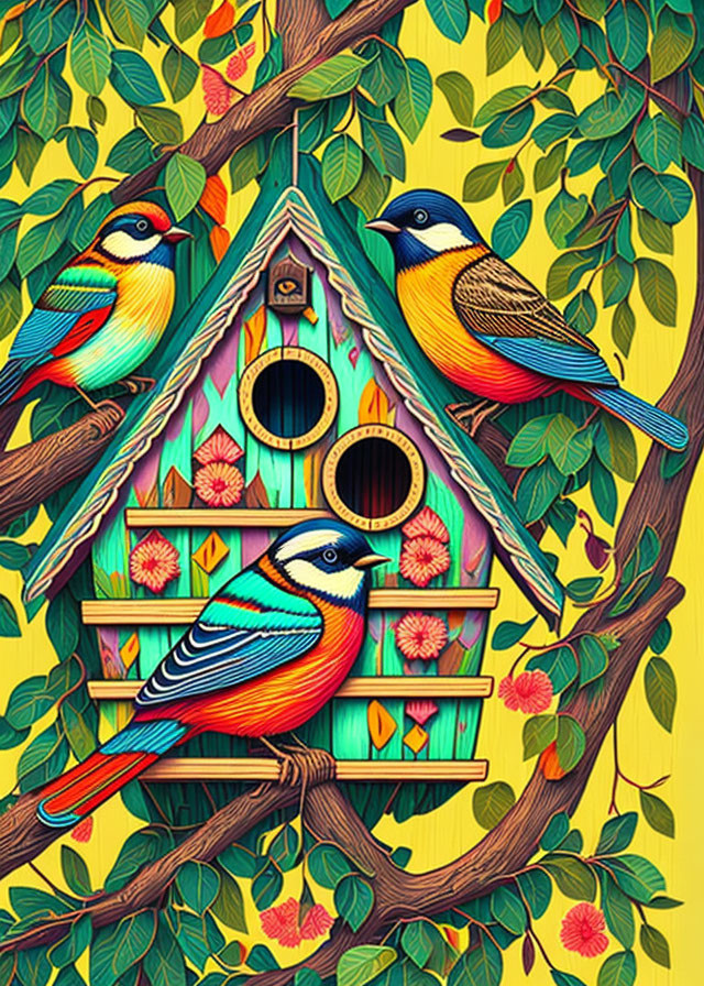 Colorful Birds Perched on Branches with Birdhouse in Vibrant Illustration