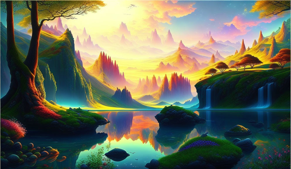 Colorful Trees and Waterfalls in Serene Lake Landscape