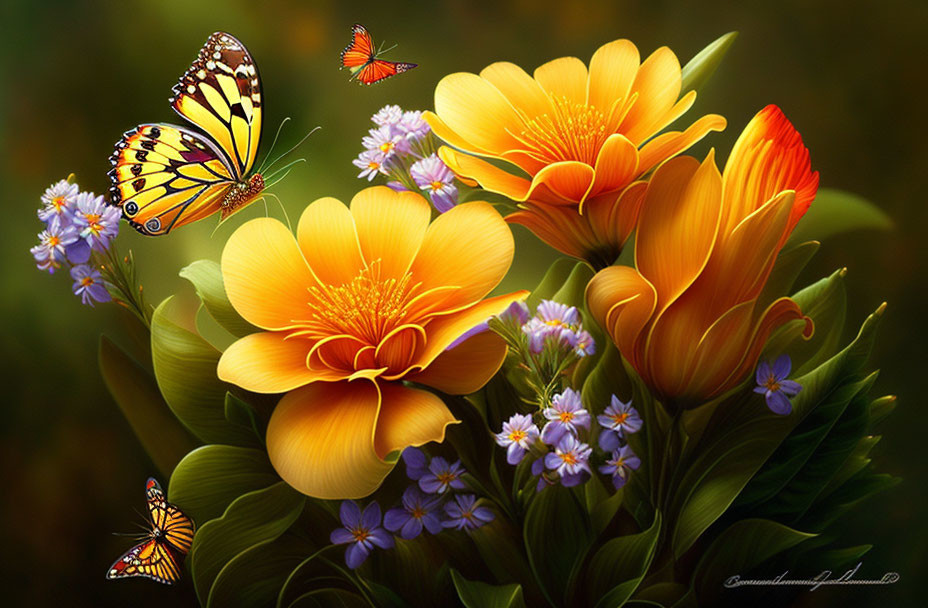 Colorful digital artwork featuring orange-yellow flowers and purple butterflies in a nature setting