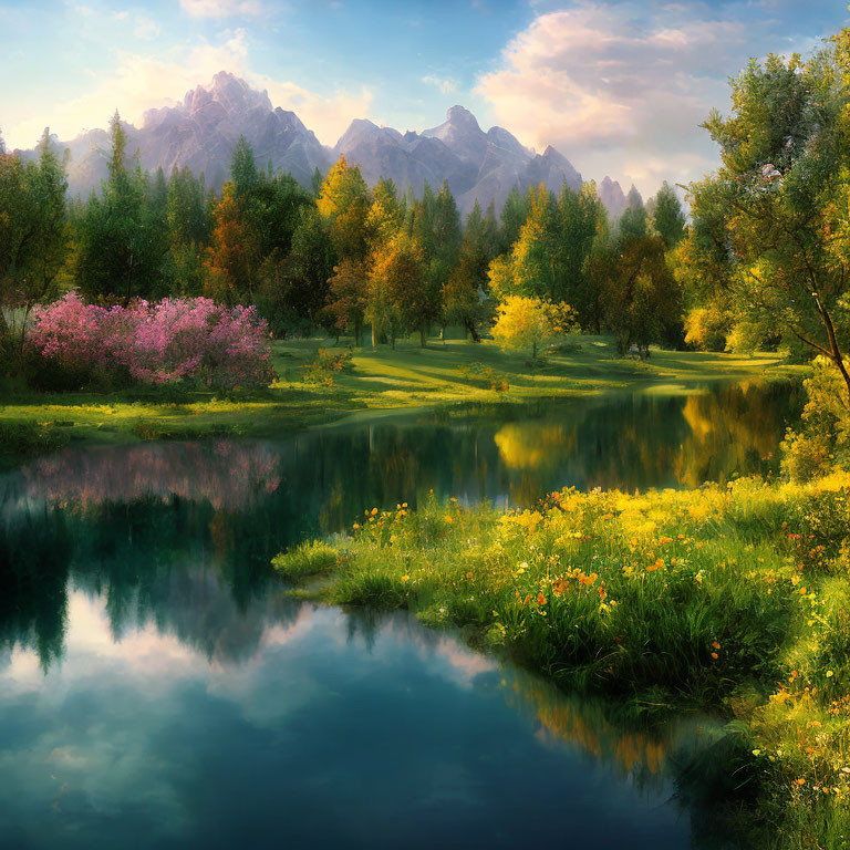 Tranquil autumn scenery with lake, trees, and mountains