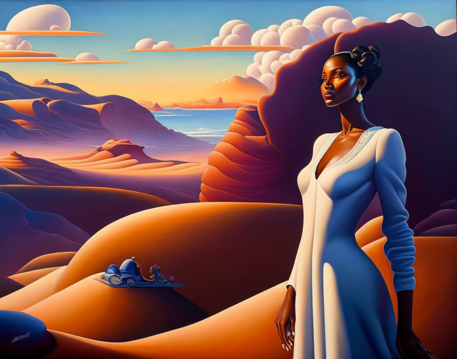 Stylized painting of woman in white dress in desert sunset