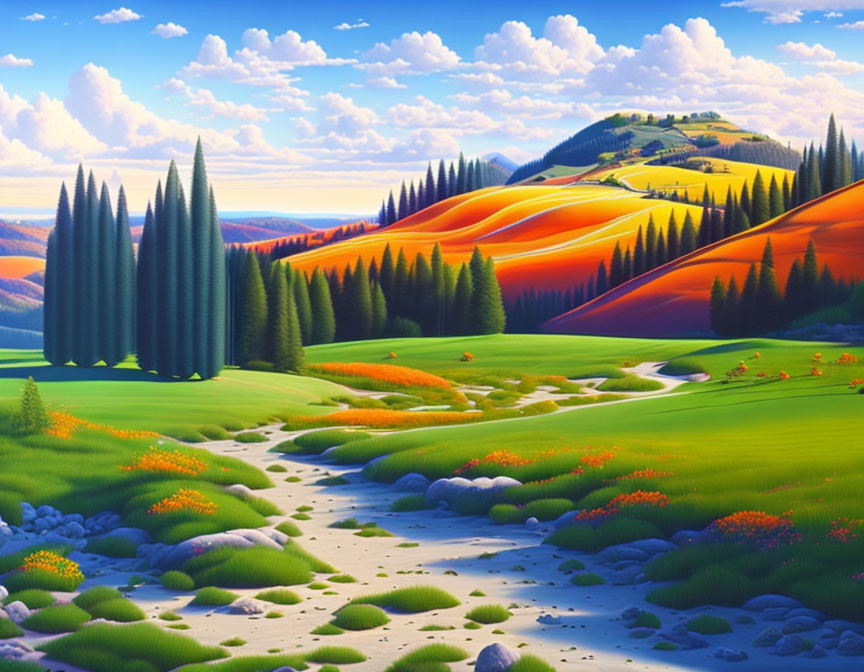 Colorful surreal landscape with rolling hills, stream, and wildflowers