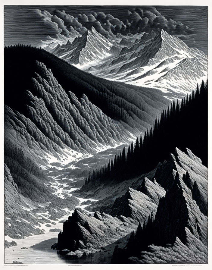 Monochrome mountain landscape with dramatic clouds and dense forest.