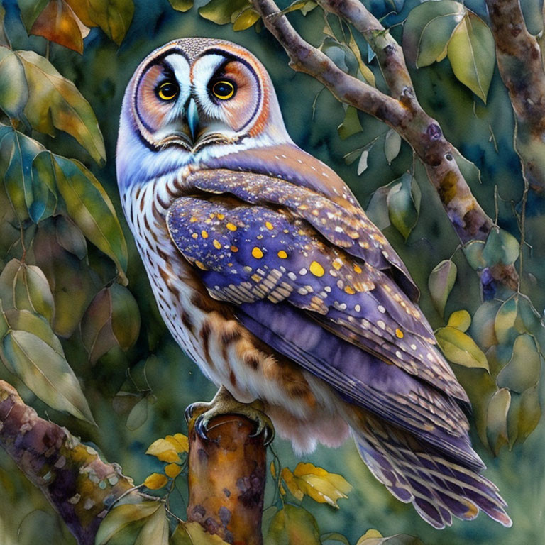 Detailed Owl Perched on Branch Painting in Brown and Blue