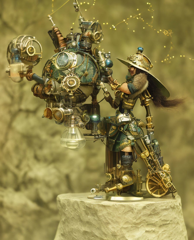 Detailed Steampunk Scene with Mechanical Contraption & Elaborate Figure