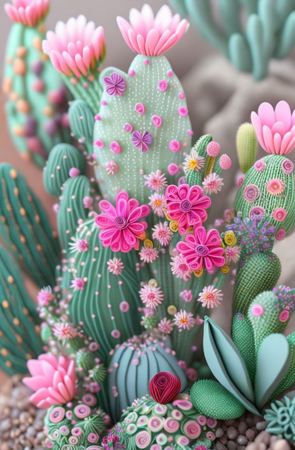 Colorful Handcrafted Paper Cacti and Succulents with Vibrant Flowers