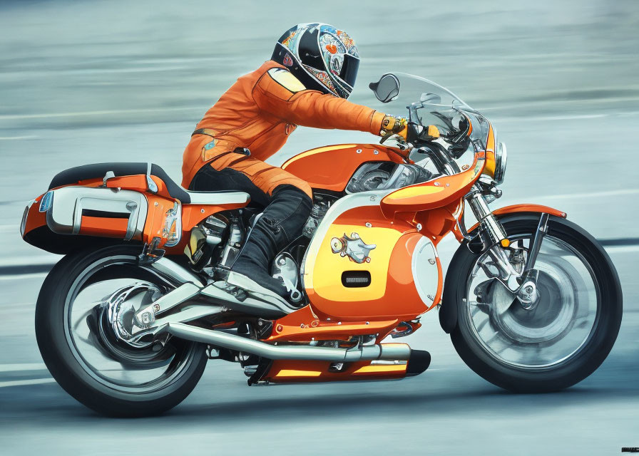 Vintage-style racing motorcycle with orange and white livery and fish emblem rider.